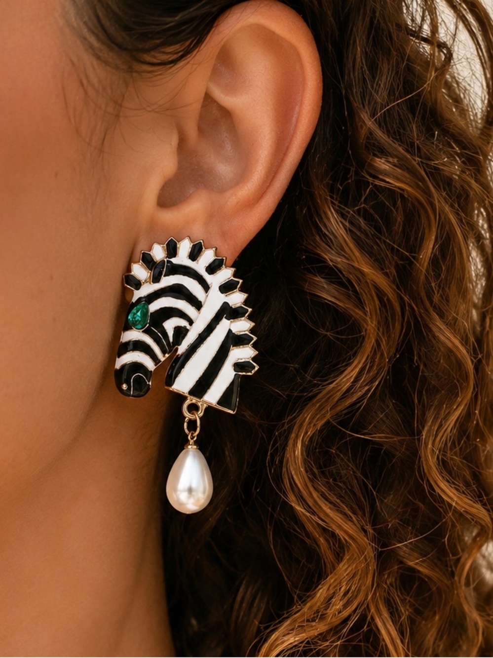 Anthropologie Gold Zebra Enamel Drop Earrings with Pearl